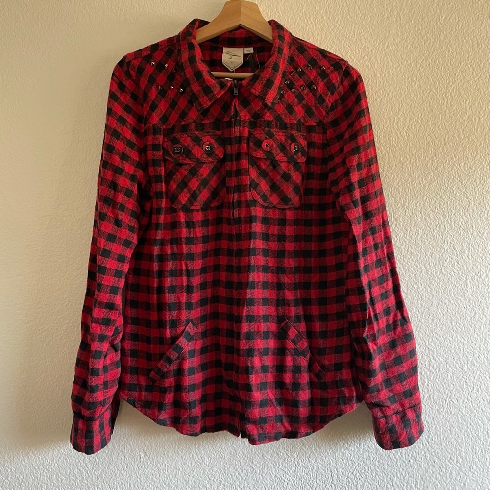 White Crow Flannel Shirt Red Plaid Studded Long Sleeve Zip Up Collared Medium